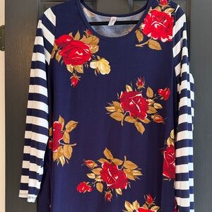LuLaRoe Navy Floral Striped Long Sleeve Top